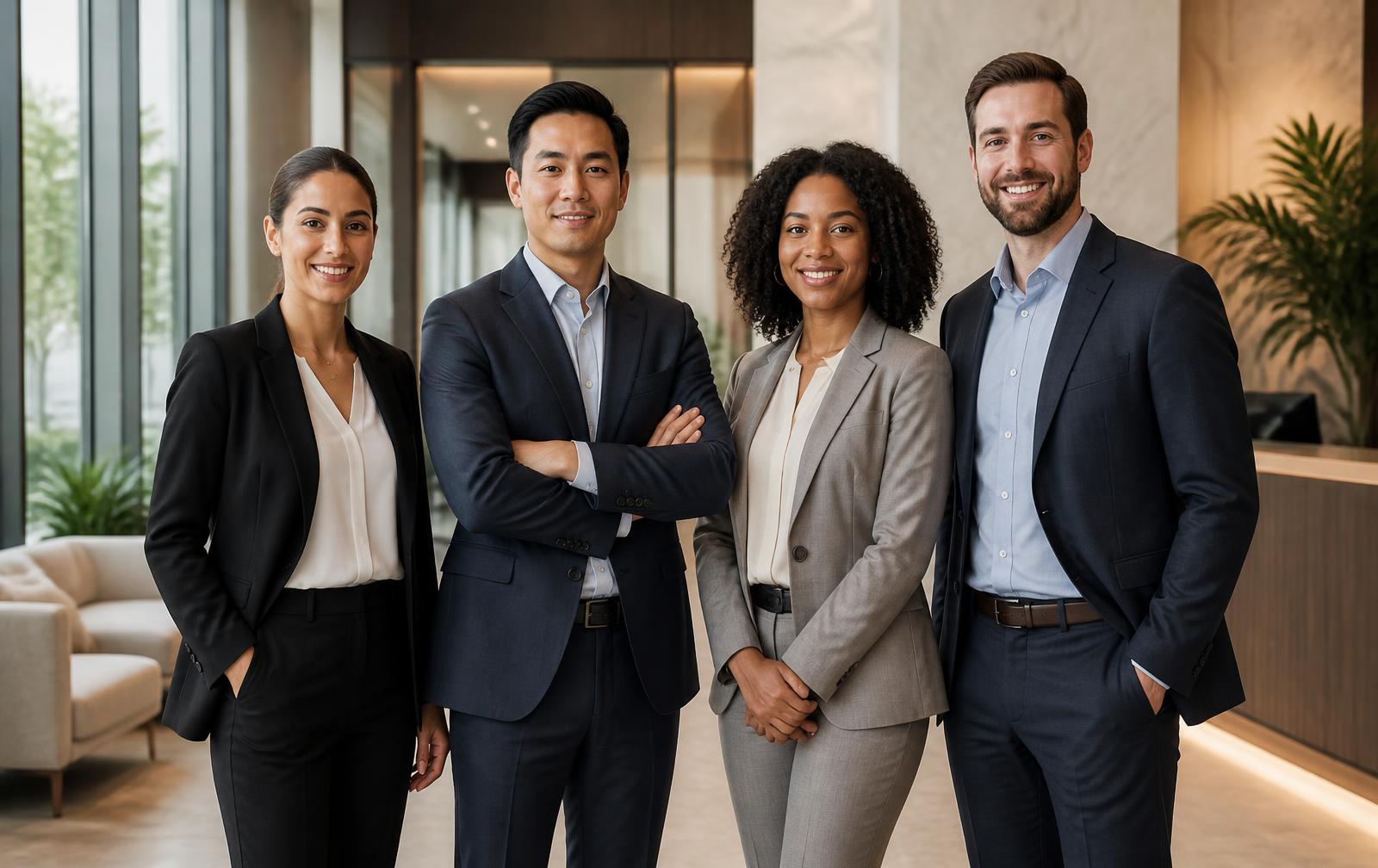 The APLIS Property Management leadership team in the office lobby