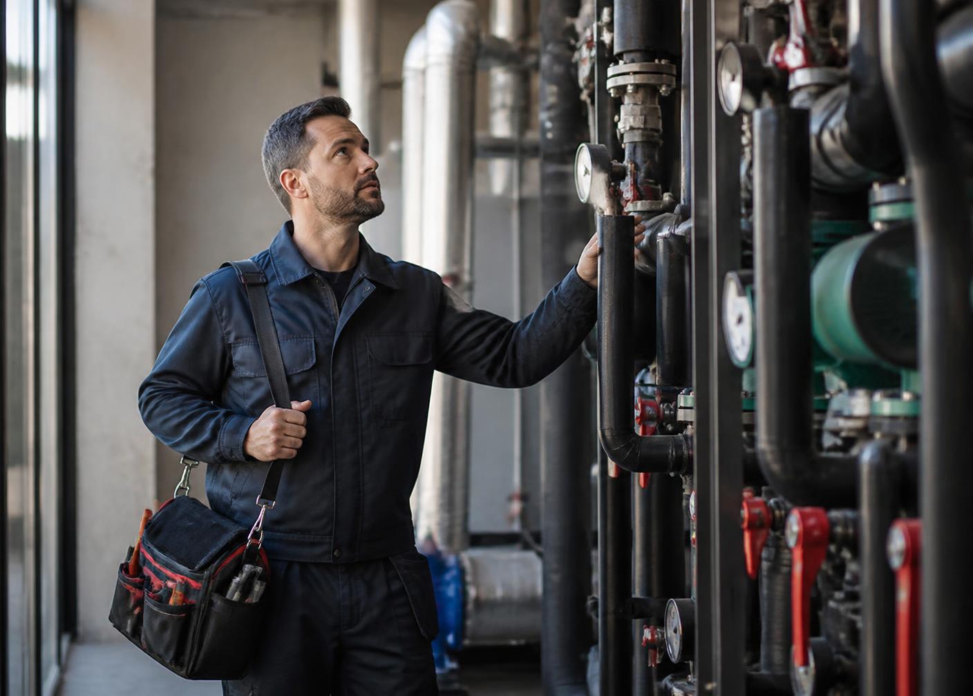 Aplis technician inspecting building mechanical systems